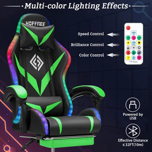 Miniatura 5 de Silla de juegos RGB con luces LED y masaje, silla ergonómica de computadora con reposapiés, silla de videojuegos de respaldo alto con soporte lumbar
