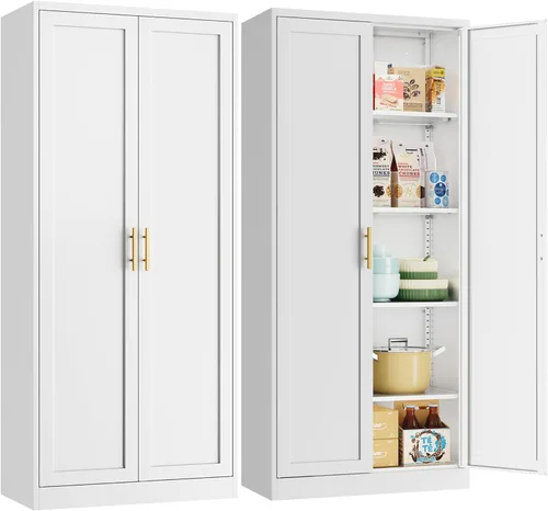 Miniatura 10 de Gabinete de metal para despensa de cocina, 71 pulgadas de alto x 28 pulgadas de ancho x 14 pulgadas de profundidad con 2 puertas y 4 estantes Negro