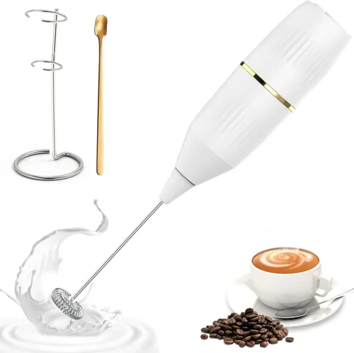 Miniatura 7 de Homexup Espumador de leche de mano de 14,000 rpm, mezclador de bebidas con soporte y cuchara agitadora, funcionamiento silencioso con un botón