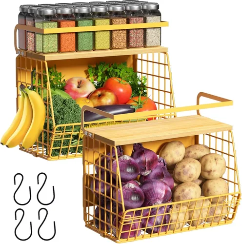 Miniatura 16 de Juego de 2 estantes magnéticos para refrigerador con tapa de madera, contenedores de almacenamiento de papas y cebollas, organizadores y Negro