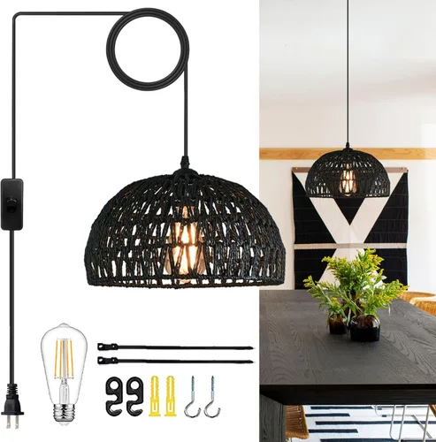 Miniatura 11 de Ayshwill Dec Lámpara de araña negra tejida estilo boho de ratán y mimbre con cúpula, lámpara colgante para comedor, dormitorio, isla de cocina
