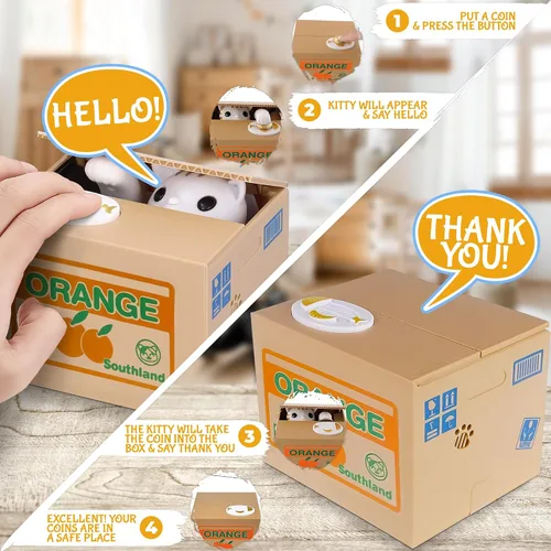 Miniatura 2 de Novedoso banco de monedas para adultos, caja de ahorro de dinero para gatos blancos, decoración de escritorio de oficina en casa, marrón, naranja