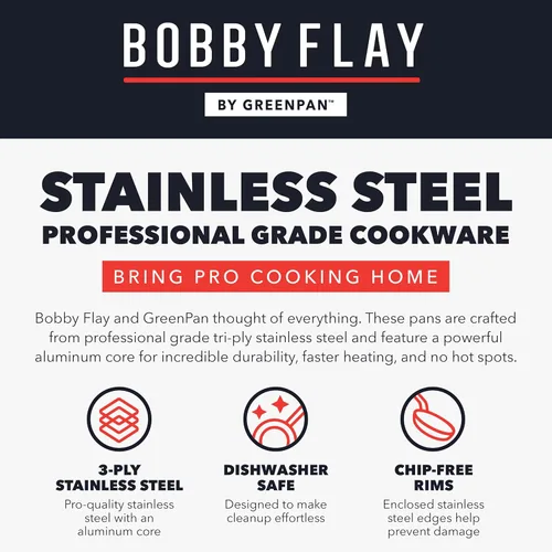 Miniatura 11 de GreenPan x Bobby Flay - Juego de 12 piezas de ollas y sartenes de acero inoxidable, grado profesional tricapa, Multiclad, antiadherente de cerámica