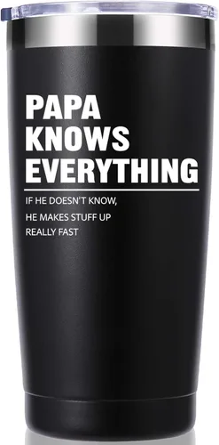 momocici Vaso de 20 onzas con texto en inglés "Papa Knows Everything". Regalos para papá de hija, hijo, esposa. Regalos de cumpleaños, regalos de