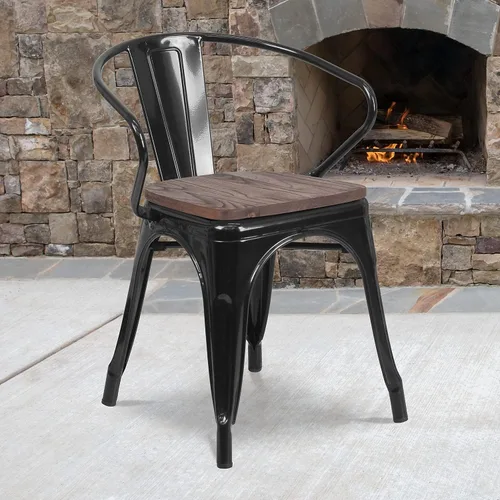 Miniatura 2 de Flash Furniture Silla de metal negro con asiento y brazos de madera