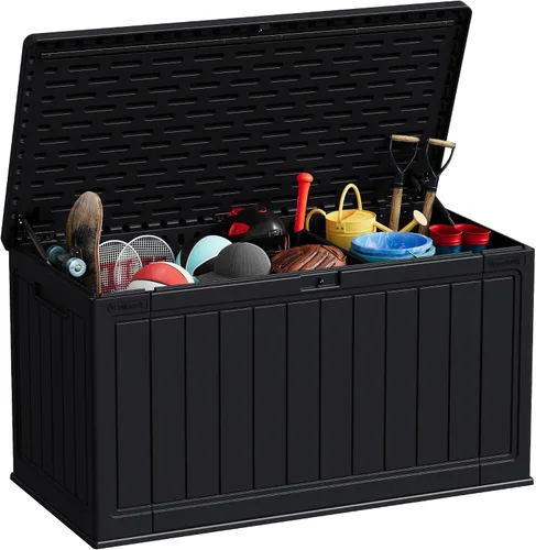 Miniatura 11 de Patiowell Caja de resina de 100 galones con cojín, caja de almacenamiento impermeable grande para exteriores para muebles de patio y herramientas