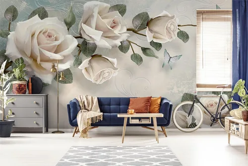 Miniatura 3 de Murwall Floral Wallpaper Cream Rose Wall Mural 3D Photo Nordic Flower Wall Print Living Room Bedroom Entryway Cafe Design
