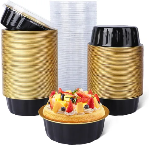 Miniatura 65 de Beasea Ramequines con tapas, 8oz 50 unidades de tazas de aluminio desechables para hornear, tazas de papel de aluminio plateado para creme brulee