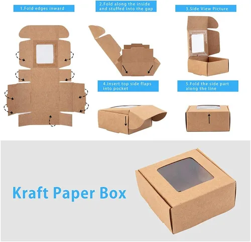 Miniatura 5 de BENECREAT 30 paquetes de cajas cuadradas de papel kraft marrón de 2.5 x 2.5 x 1.2 pulgadas, cajas de regalo con ventana transparente para regalos