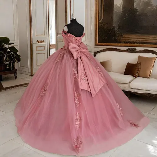 Miniatura 2 de Youjiayi Vestidos de quinceañera florales 3D con lazo fuera del hombro con cuentas dulces 16 vestidos de encaje hinchado apliques vestido de bola