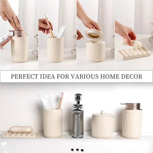 Miniatura 5 de BosilunLife Juego de accesorios de baño, juego de cerámica para decoración de baño, dispensador de jabón de espuma y soporte para cepillos