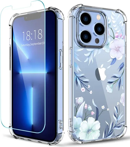 Miniatura 9 de Funda con diseño de patrón de flores para iPhone 13 Pro Max [con protector de pantalla], funda transparente floral para teléfono de mujer a prueba