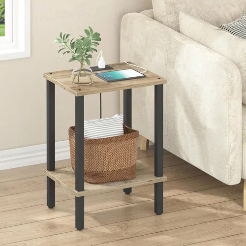 TUTOTAK Mesa auxiliar con estación de carga, pequeña mesa auxiliar con tomas de corriente, mesita de noche, mesa de cabecera, estante de Gris beige