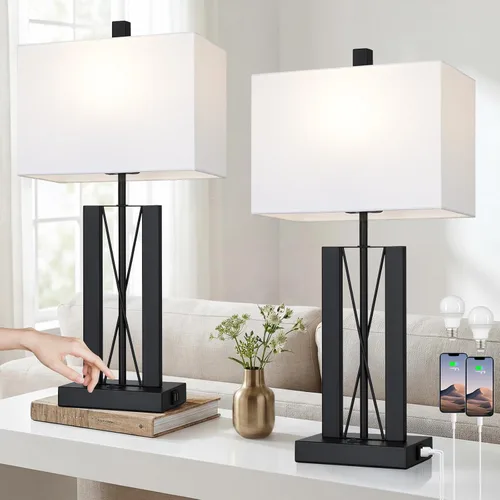 Miniatura 11 de Lolikit Juego de 2 lámparas de mesa de 25 pulgadas, lámpara de mesa moderna para sala de estar con 2 puertos de carga USB, lámpara de noche Gris