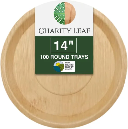 Charity Leaf Bandejas redondas desechables de hoja de palma de 14 pulgadas (100 piezas) como bambú para servir, tablas desechables, vajilla