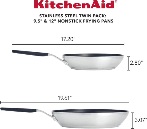 Miniatura 2 de KitchenAid Juego de sartenes antiadherentes de acero inoxidable, 9.5 pulgadas y 12 pulgadas, acero inoxidable cepillado