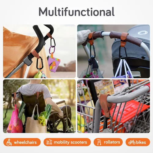 Miniatura 7 de Baby Uma Ganchos para cochecito para bolsas (paquete de 2) – Clips y ganchos estilo cuero para cochecito, accesorios antideslizantes para cochecito