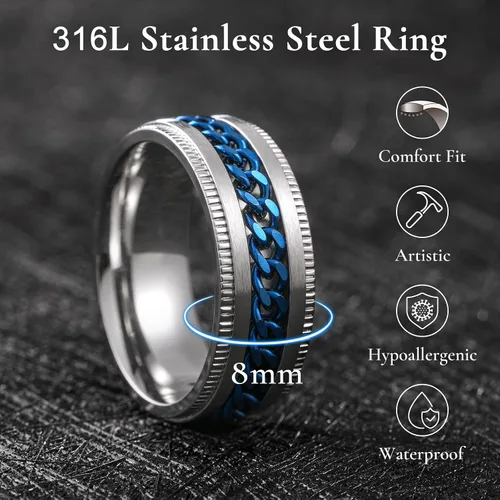 Miniatura 102 de King Will - Anillo antiestrés de acero inoxidable 316L para hombres y mujeres, con cadena decorativa giratoria, 8 mm de ancho, anillo de boda