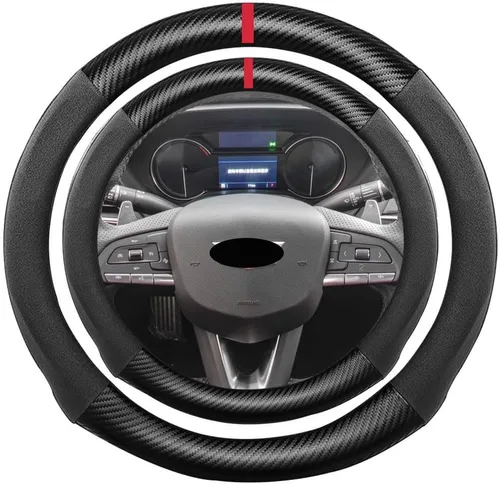 Miniatura 40 de Funda de volante de ante con fibra de carbono de K LAKEY, compatible con Porsche 718 Boxster Cayman 911 Panamera Macan Cayenne de 15 pulgadas, cuero