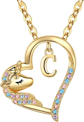 Miniatura 47 de Anoup Collar con inicial de unicornio, chapado en oro de 14 quilates, hipoalergénico con circonita cúbica, colgante de diamante simulado, joyería