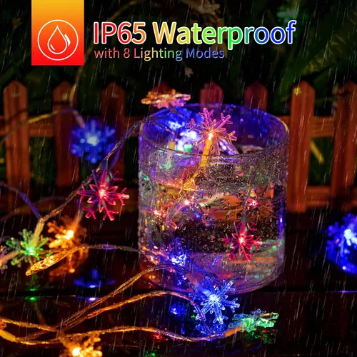 Miniatura 3 de Tira de luces con diseño de copo de nieve, con 50 ledes, 24.6pies, impermeable, para exteriores, con 8 modos de iluminación para bodas, fiestas