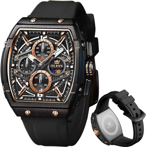 OLEVS Men Watches Business Dress Chronograph Big Square Quartz Analog Male Watch Silicone Strap Waterproof Date Gift Mens Wrsit Watch Silver