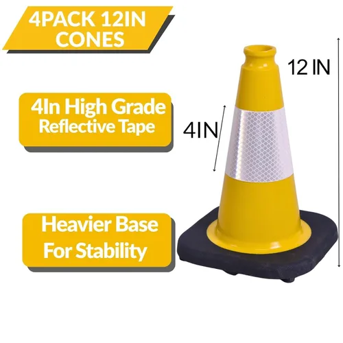 Miniatura 2 de BESEA Paquete de 4 conos de tráfico amarillos de 12 pulgadas con collar reflectante de 4 pulgadas, conos de seguridad de PVC resistentes con base