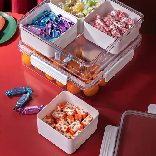 Miniatura 8 de Paquete de 2 bandejas divididas para verduras con tapa, caja para aperitivos, contenedor para servir ensaladas con 4 cajas extraíbles, apilables