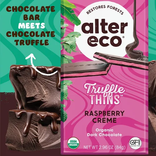 Miniatura 3 de Alter Eco Trufa fina de crema de frambuesa, barra de chocolate con relleno de trufa ganache pegajosa, orgánica, sin gluten ni soja, aperitivos sin