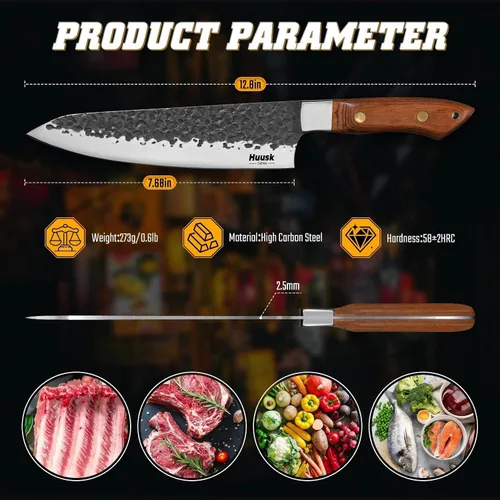 Miniatura 4 de Huusk Cuchillo de chef japonés de 8 pulgadas, cuchillos de cocina forjados a mano con mango ergonómico de espiga completa, cuchillo de cocina
