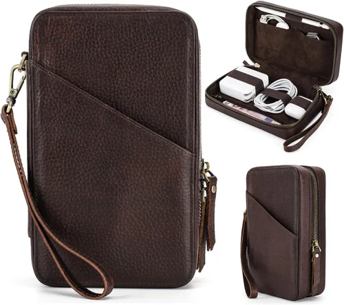 Kit técnico de estuche organizador electrónico, cuero de grano superior hecho a mano, portátil compacto de viaje, accesorios electrónicos de viaje,