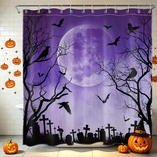 Miniatura 29 de Cortina de ducha de Halloween, cuervo negro, murciélago y árbol muerto en un bosque brumoso espeluznante con ganchos, cortina de baño de noche
