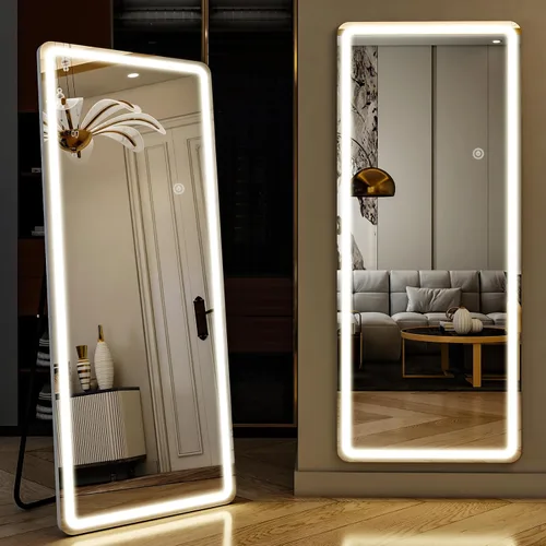 Miniatura 13 de Espejo LED de longitud completa, 30 x 71 pulgadas, espejo de cuerpo completo de vidrio templado con atenuación e iluminación de 3 colores de pie