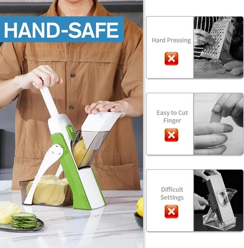 Miniatura 2 de Cortador de mandolina seguro para cocina, cortador de verduras y alimentos & espesor ajustable de 0.1-8 mm. Fácil de limpiar, almacenamiento, Verde