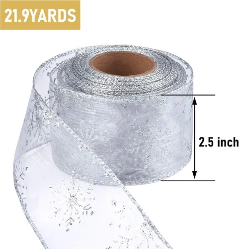 Miniatura 2 de Cinta con alambre de 2.5 pulgadas de Navidad con copo de nieve, cinta de organza con purpurina para árbol de Navidad, corona, decoración de fiesta
