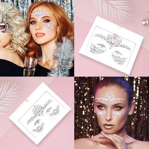 Miniatura 4 de SAOROPEB Gemas faciales – 6 juegos de joyas de cara de sirena, calcomanías temporales de tatuaje, calcomanías de acrílico con purpurina de cristal