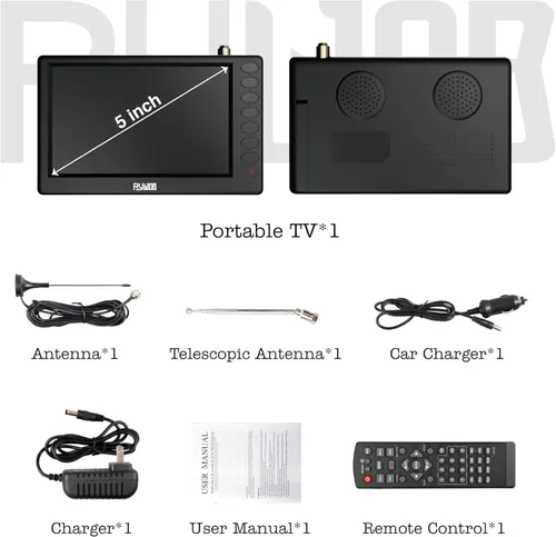 Miniatura 8 de TV portátil de 5 pulgadas, TV digital de bolsillo con tarjeta ATSC/TF/USB, TV a batería con soporte para camping, coche, cocina, viajes, emergencia