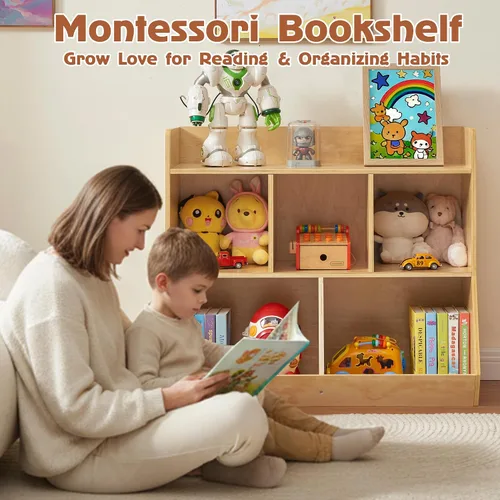 Miniatura 6 de Estante Montessori, organizador de almacenamiento de juguetes de madera contrachapada para libros, juguetes, estantería de 3 estantes, gabinete