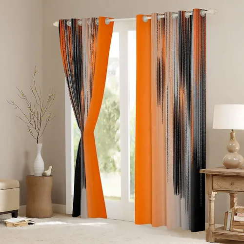 Miniatura 3 de jejeloiu Cortinas naranjas y negras para dormitorio, sala de estar (2 paneles, 52 x 63 pulgadas) Arte moderno 30%-50% cortinas opacas para niños