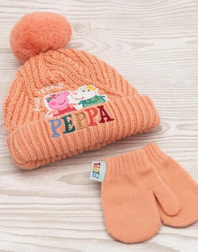 Miniatura 2 de Peppa Pig Hat And Mittens Kids Peach Knit Winter Beanie Gloves, Rosado