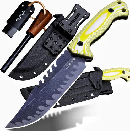 Miniatura 11 de BA-KOR Cuchillo de caza de hoja fija de tang completo de 12.4 pulgadas – acero 9CR18MoV de 6mm, mango G10, hoja de sierra dentada lavada a la piedra