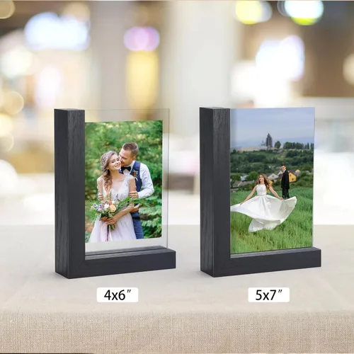 Miniatura 4 de Lavezee Paquete de 2 marcos de fotos de 4 x 6 pulgadas, hechos de base de madera negra en forma de L con vidrio, imágenes de fotos de doble cara