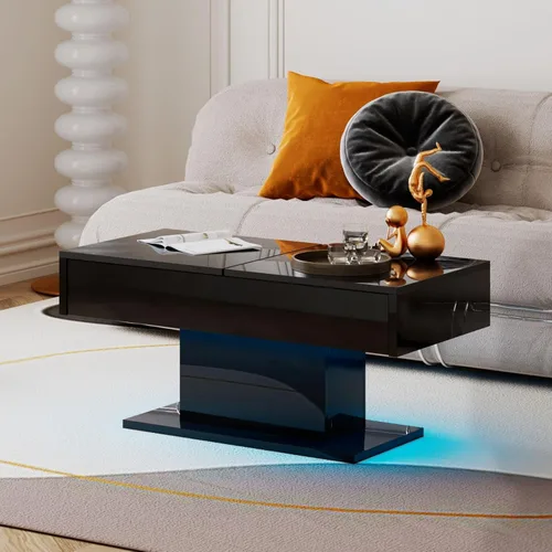 Miniatura 7 de HedoAjim - Mesa de café LED negra con almacenamiento para sala de estar, mesa de centro rectangular para sala de estar, mesas de café modernas