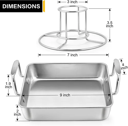 Miniatura 2 de P&P CHEF Soporte para latas de cerveza con sartén para asar, juego de sartén cuadrada de acero inoxidable de 9 pulgadas y parrilla para pollo