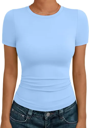 Miniatura 23 de AUTOMET - Camisetas básicas de manga corta para mujer, para verano, entrenamiento o gimnasio, con cuello redondo, ropa moderna estilo Y2K
