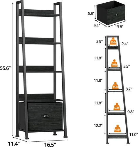 Miniatura 3 de Furologee Estantería de escalera con cajón, estante industrial de 5 niveles, estantes de almacenamiento abiertos para libros, CD, fotos, estantería
