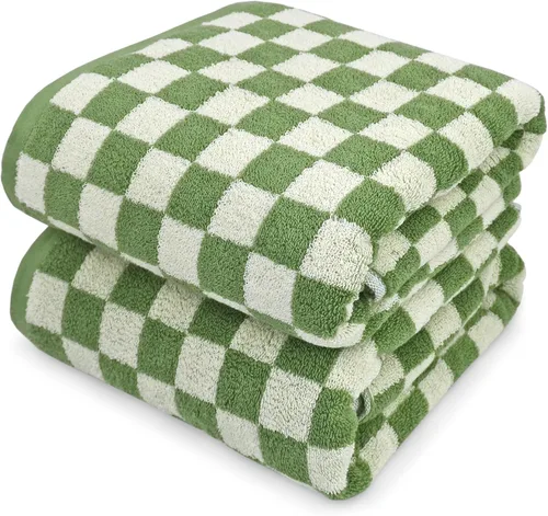 Miniatura 10 de Jacquotha Juego de 4 toallas de baño a cuadros 100% algodón para baño, ducha, piscina y playa (morado, amarillo, verde, naranja), 520 GSM