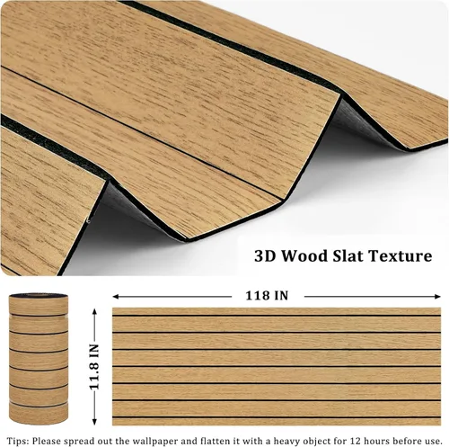 Miniatura 5 de Paneles de madera marrón para despegar y pegar, panel de listones de pared de madera sintética acústica con textura 3D, autoadhesivo, insonorizado