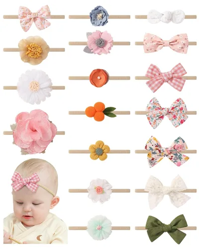 Miniatura 12 de doboi - 24 diademas de flores y lazos para bebés, niñas, recién nacidos, niños pequeños, cintas elásticas de nailon suaves, accesorios