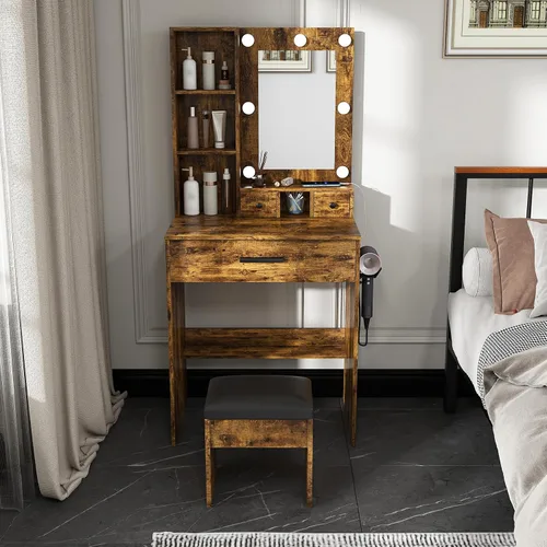 Miniatura 9 de Escritorio de tocador de 7 bombillas con espejo y luces LED ajustables, mesa de maquillaje de 23.62 pulgadas con toma de corriente y taburete